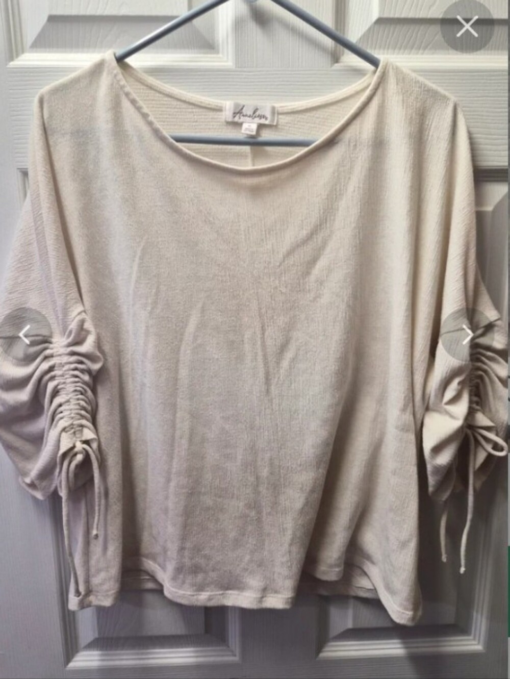 Anneliese Sz Med Cream Ruched Sleeve Textured Women's Top